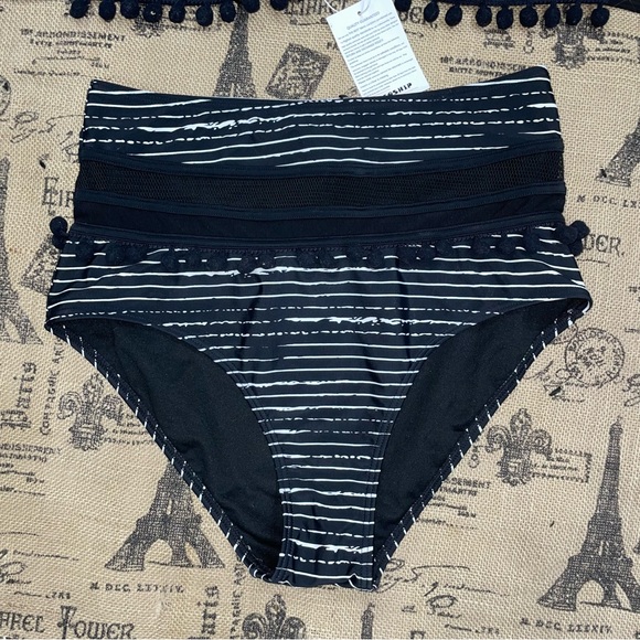 COCOSHIP Striped High Waist Bikini Set Tassel Trim Top Halter Straps Swimsuit - Picture 8 of 16